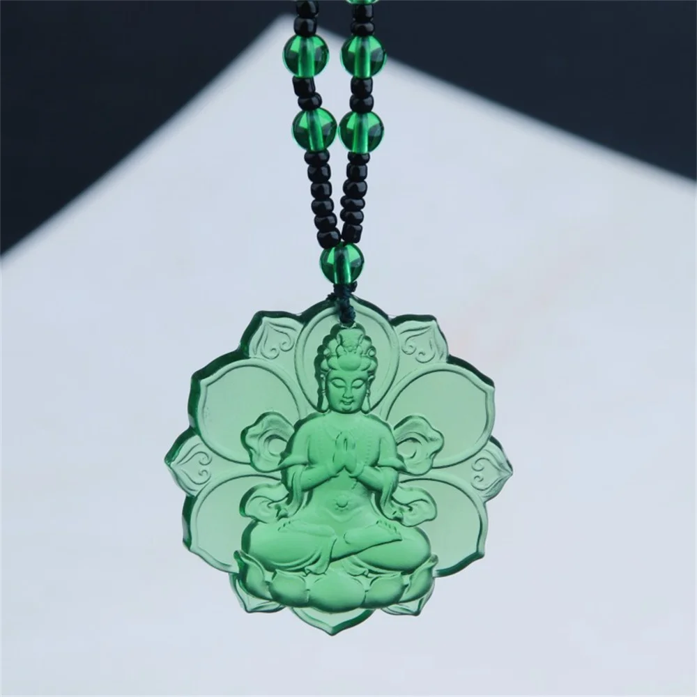 Ice Green Crystal Lotus Pendant with lotus detail