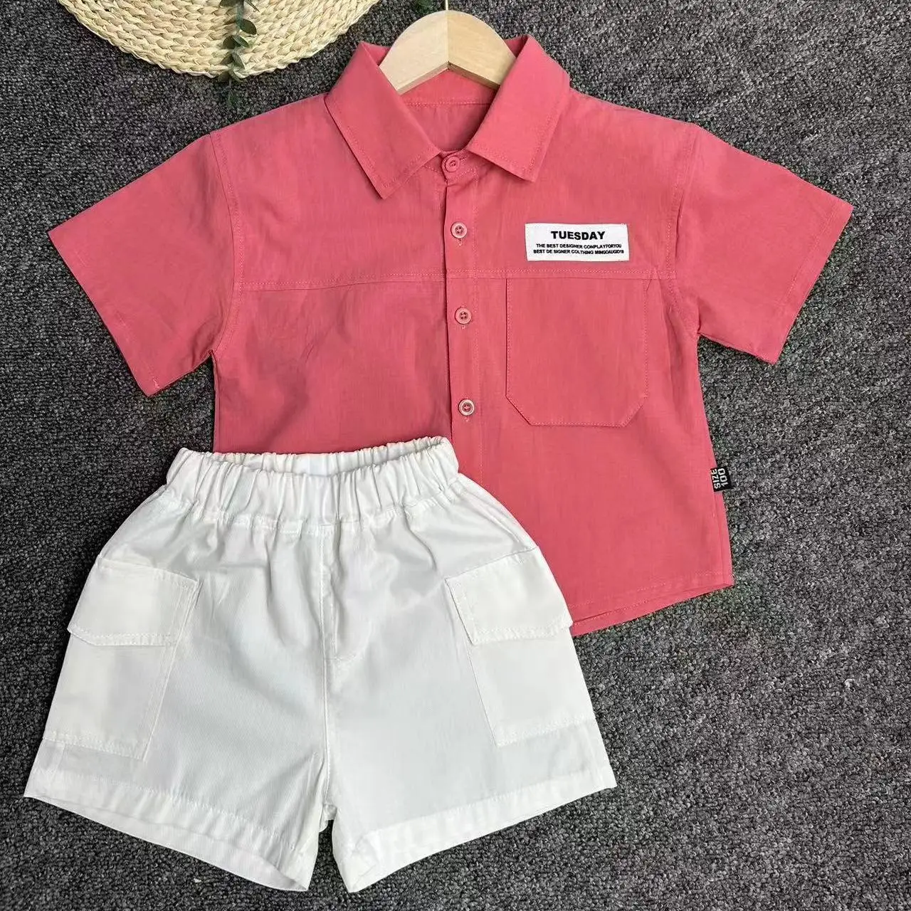 

Boys Short Sleeve Shirt Set 2023 Summer New Children's Pink Shirt Boys Baby Thin Two Piece Set