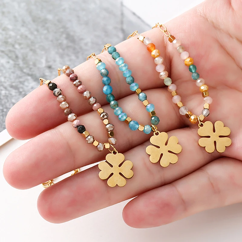 Boho Ästhetische Reis Perlen Klee Halskette Edelstahl Halskette für Frauen Handgemachte Kette Halskette Mode Weibliche Schmuck 2022