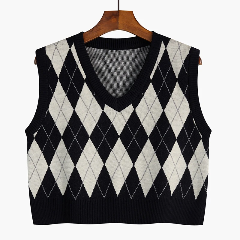 Abrini Black Sleeveless Plaid Knitted Crop Sweaters Casual Autumn