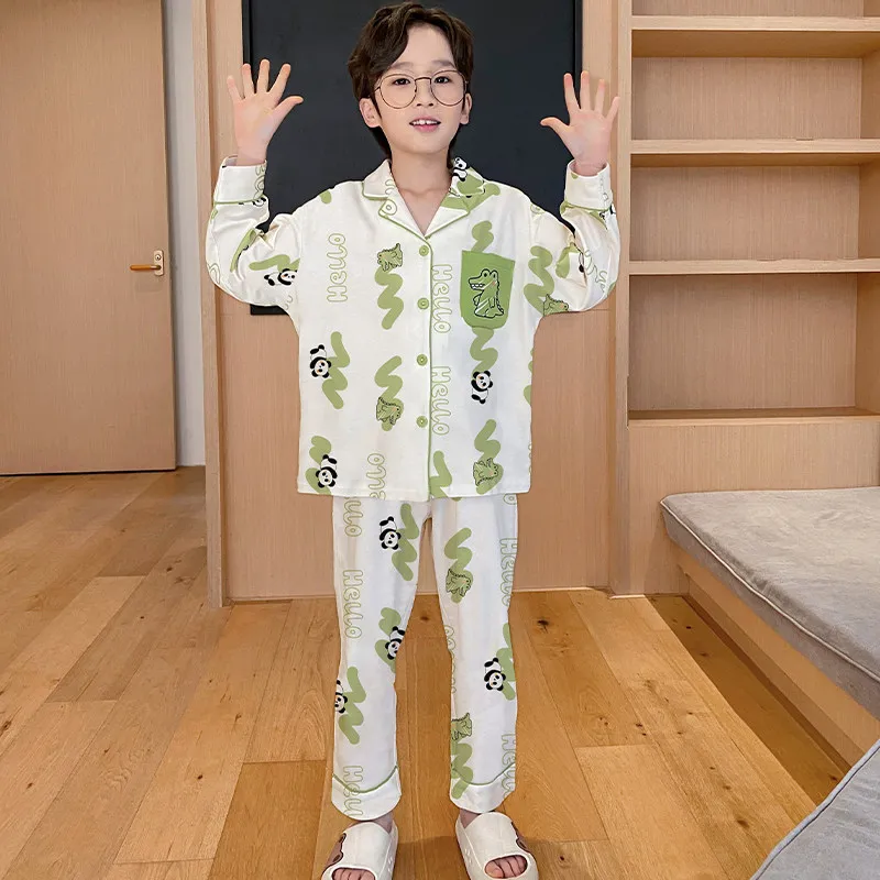 아동용 봄 가을 긴팔 카라 오픈 가디건 잠옷 세트 남아용 편안한 면 폴리에스터 홈웨어