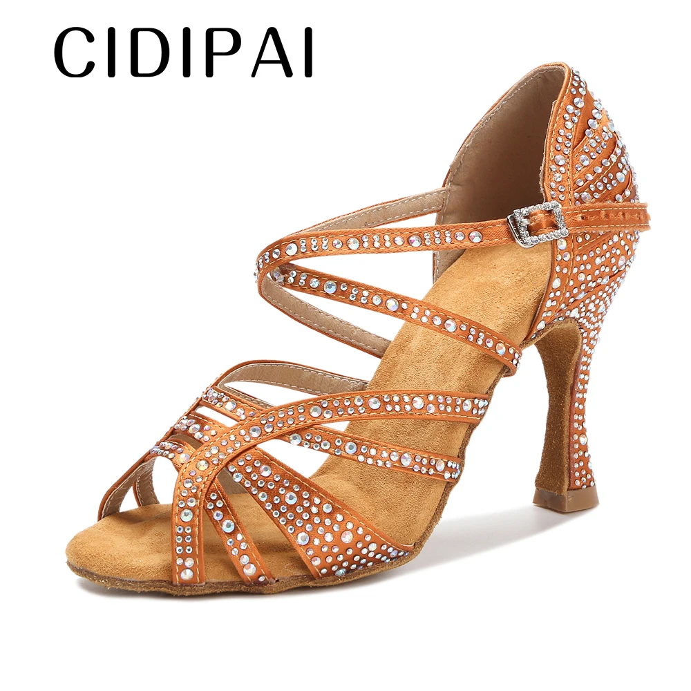 

CIDIPAI Latin Dance Shoes Women With Rhinestone Tango Ballroom Dancing Shoes For Girls Ladies Party Sandals 7.5CM High Heels