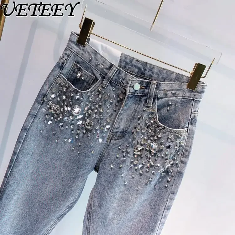 Calça jeans de cintura alta feminina, artesanal, frisada, diamante