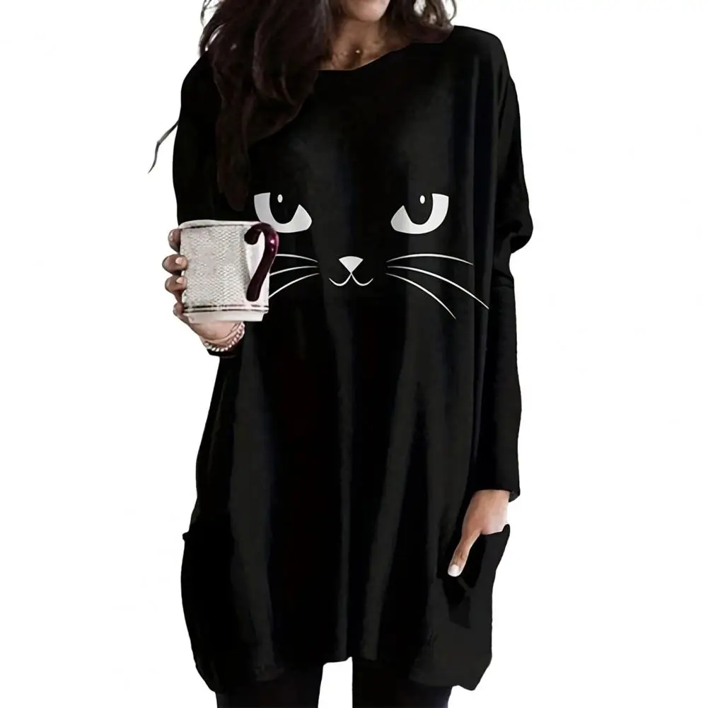 

Женское платье-свитшот с принтом котенка, свободное платье средней длины с карманами для осени и весны