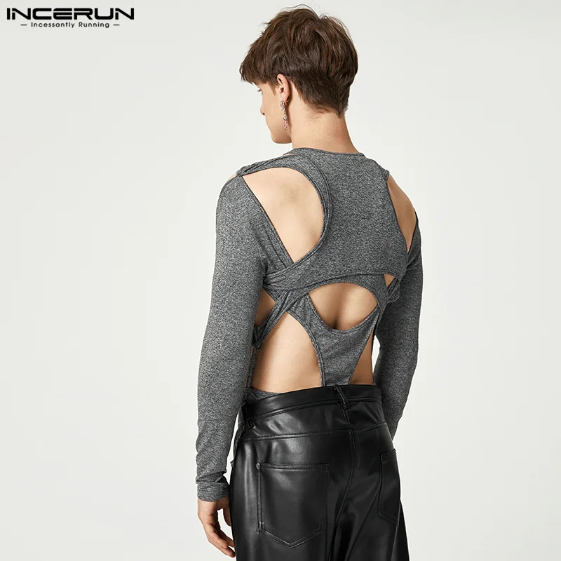 Sexy Leisure Style Loungewear Men's Hollow Onesies Stylish Male Jumpsuit Solid Long Sleeve Triangle Bodysuits S-5XL INCERUN