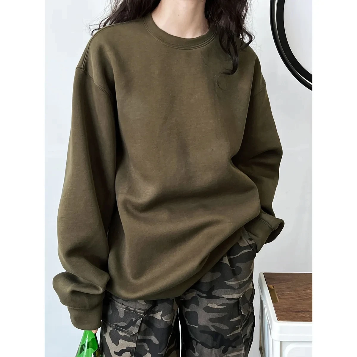Simple Air Cotton Double-sided Knitted Sweatshirts Women Autumn Oversized Solid Round Neck Pullover Blue Hoodies Tops