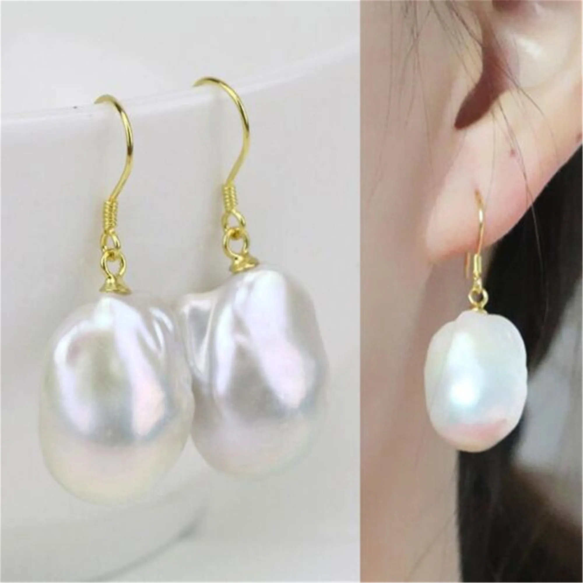 

Handmade White Baroque Pearl Earrings 18k Ear Stud Modern Gold Ear Cuff Gemstone Formal Party Anniversary Minimalist Platinum