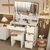 Комод для макияжа Comanlai в спальне, зеркало со светодиодной цветной подсветкой и табуреткой, ящиками для хранения и туалетным столиком с зарядкой через USB — изображение 2