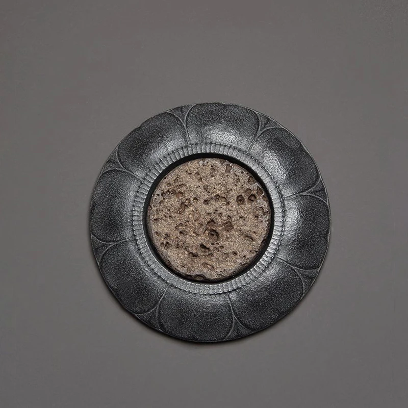 Lotus-Teekannen-Tablett aus Natürlichem Schwarzem Basalt-Vulkanstein, Geschnitztes Trocken-Teetablett für Zen-Teezeremonie, Heimdekoration 20x20cm – Detail 5