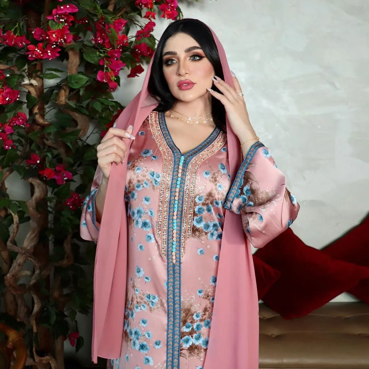 Ramadan Kaftan Dubai Luxury Diamond Long Dress Flower Print V-Neck Lace Ribbon Elegant Party Dress Muslim Women's Dress