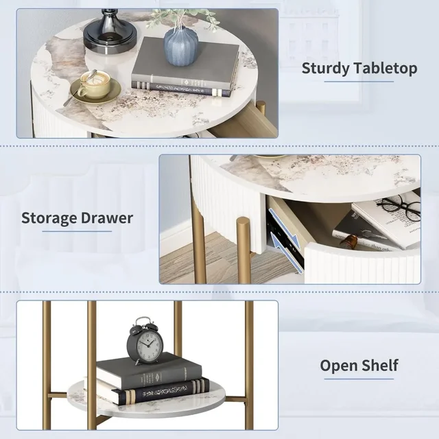 Modern End Table with Storage Drawer, Round 2-Tier Nightstand with Shelf 4