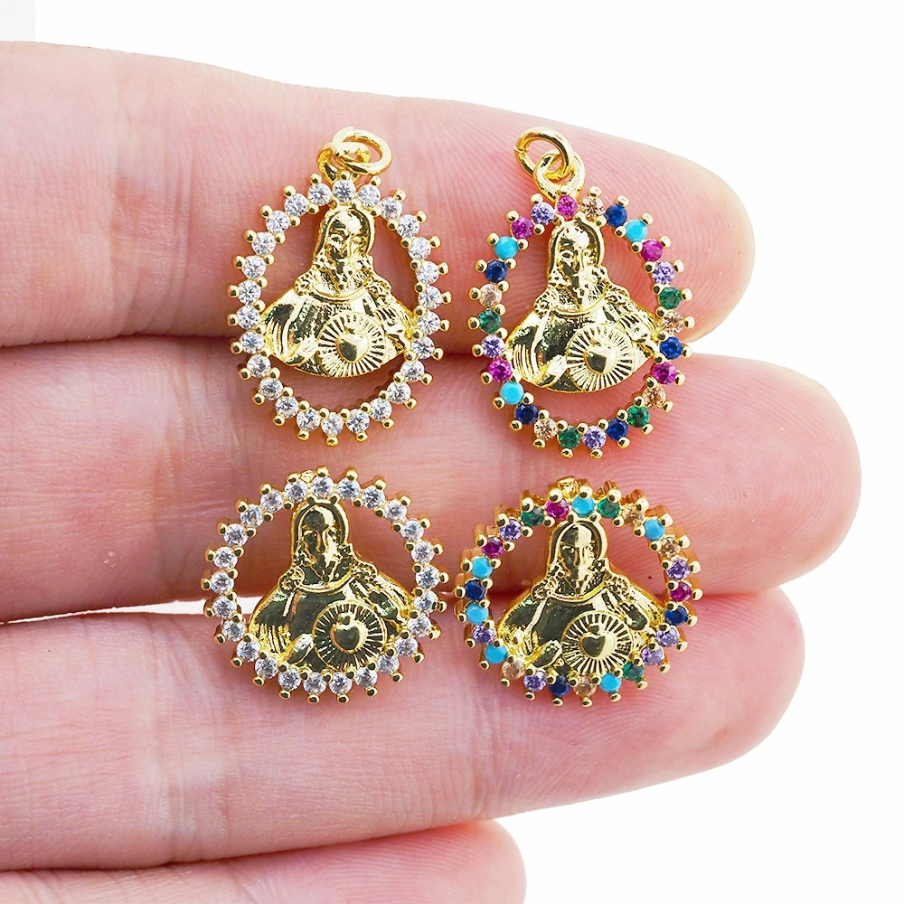 

2PCS Catholic Round Jesus Necklace Pendant Gold Plated Rainbow Zircon Religious Jewelry Accessories For Prayer Blessing Gift