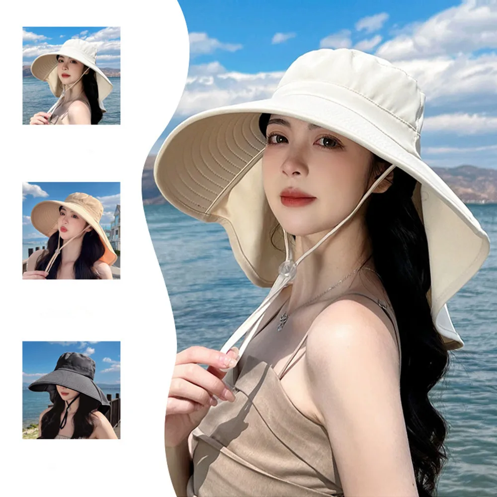 Women'S Outdoor Sun Hat Uv Protection Bucket Wide Brim Fisherman Cap Holiday Hanging Rope Sunscreen Sun Visor