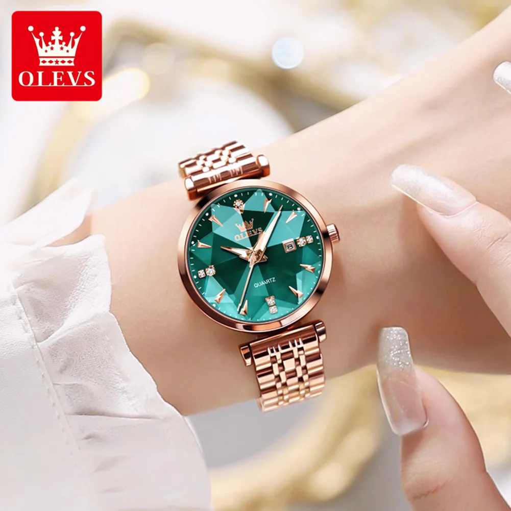 OLEVS 5536 Woman Watch Fashion Rhombus Mirror Calendar Quartz Watch For Women Original Waterproof Ladies Wristwatch Steel Strap