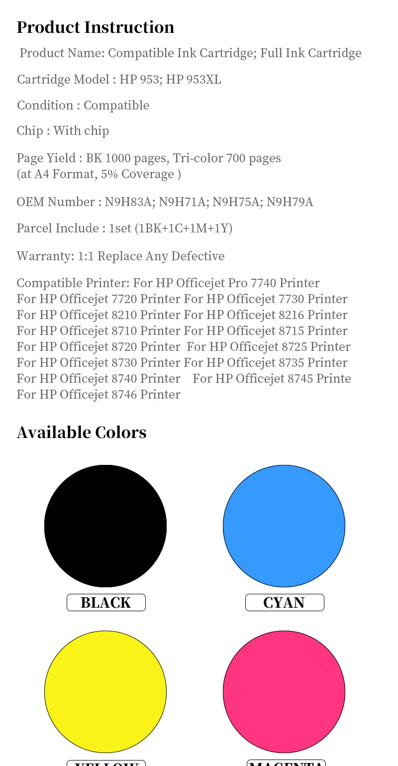 Description Picture 2 of item4Color 953XL Replacement ink cartridge HP953 HP953XL For HP OfficeJet Pro 7740 8710 8715 8720 8730 8740 8210 8216 8725 printer
