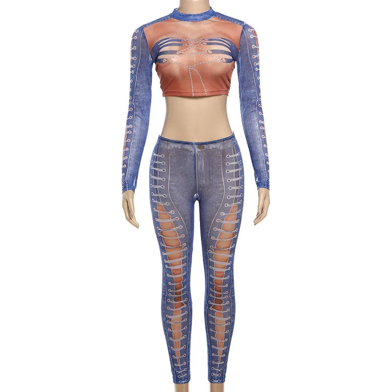 Digital 3D Printed Mesh Two Piece Sets Womens Outfits 2024 Spring Fashion Blue Long Sleeve Crop Tops Slim Fit Pants Streetwear