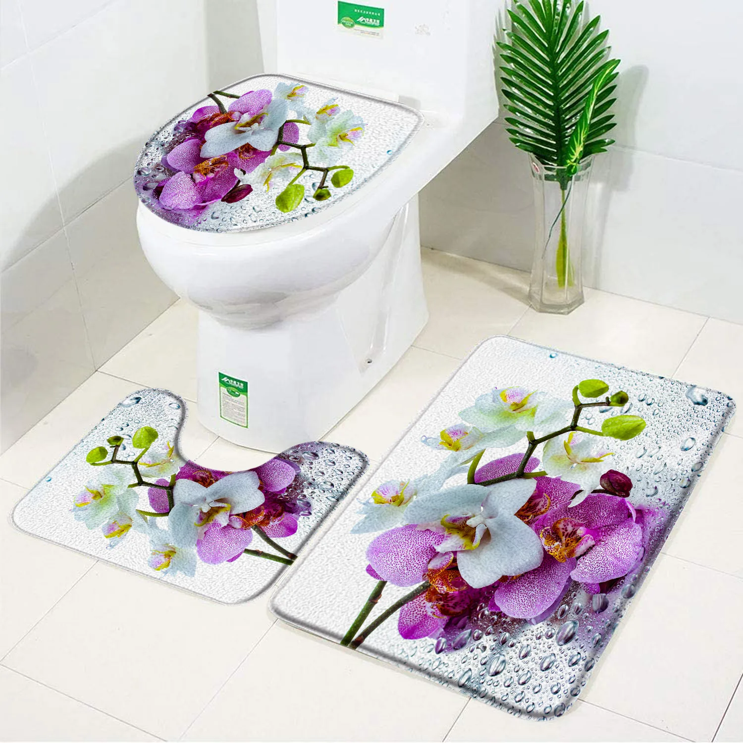 3pcs Set Orchid Bath Mat Purple White Fresh Flower Zen Stone Elegant ...