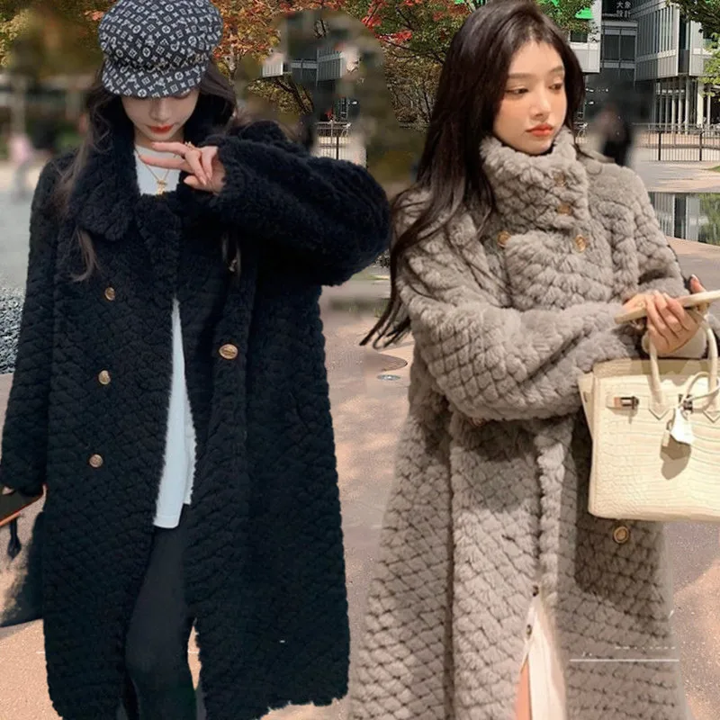 

Women Fur Long Coat 2024 Winter Style Stand Collar Lamb Faux Outwear Loose Thick Luxury Design Overcoat Korean Oversized Jacket