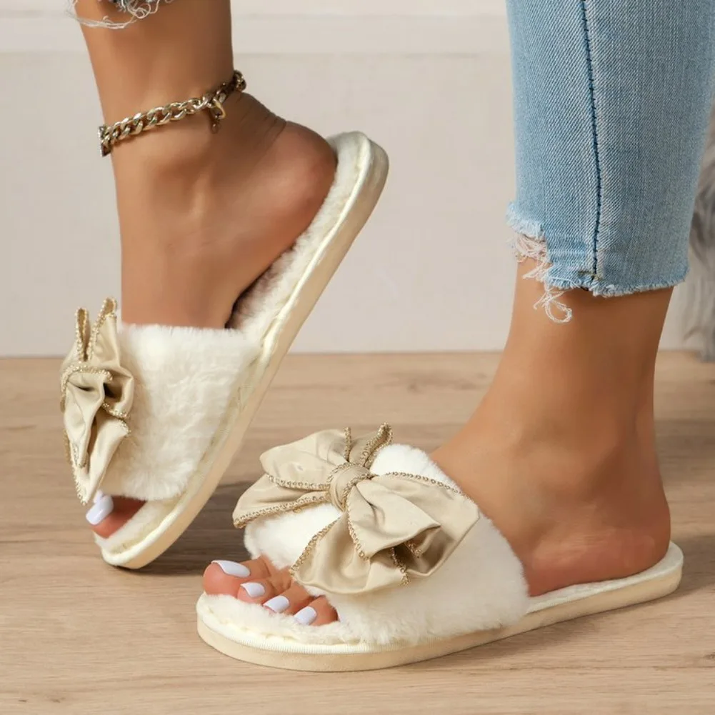 Cotton Slippers for Women in Winter, Cute Bow, Indoor Home Warmth Thick Bottom Anti Slip Open Mouth Slippers