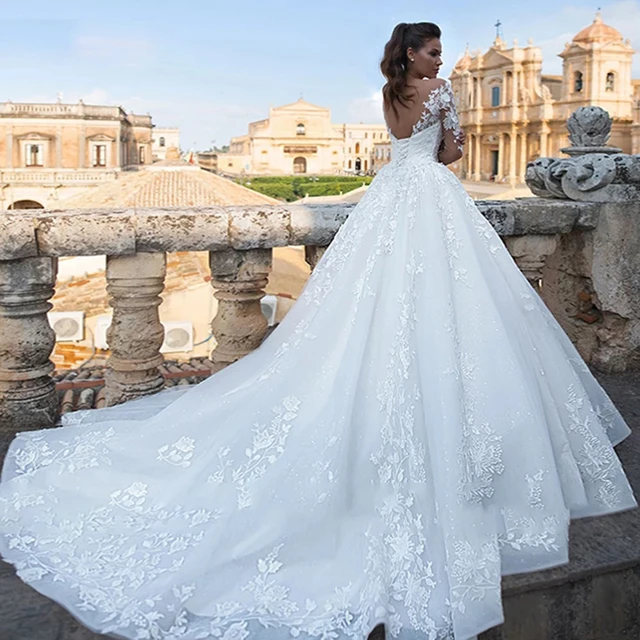 Elegant wedding dresses illusion long sleeve white ivory applique lace lady v neck bridal gowns