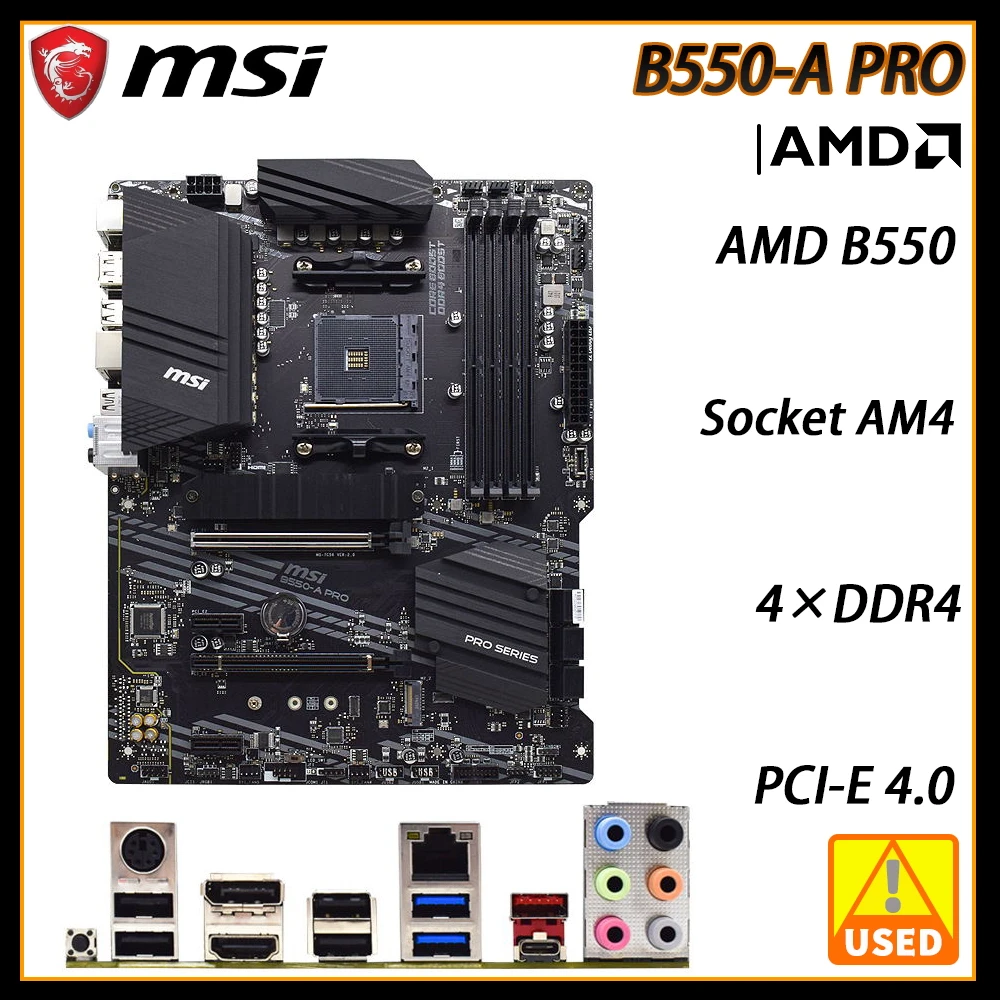 Placa-mãe AM4 usada, Chipset AMD B550, MSI B550-A Pro, Placa principal usada, Suporte Ryzen 5 5600G, 4xDDR4, 128GB, M.2 SATA 3, PCI-E, 4.0, USB 3.2