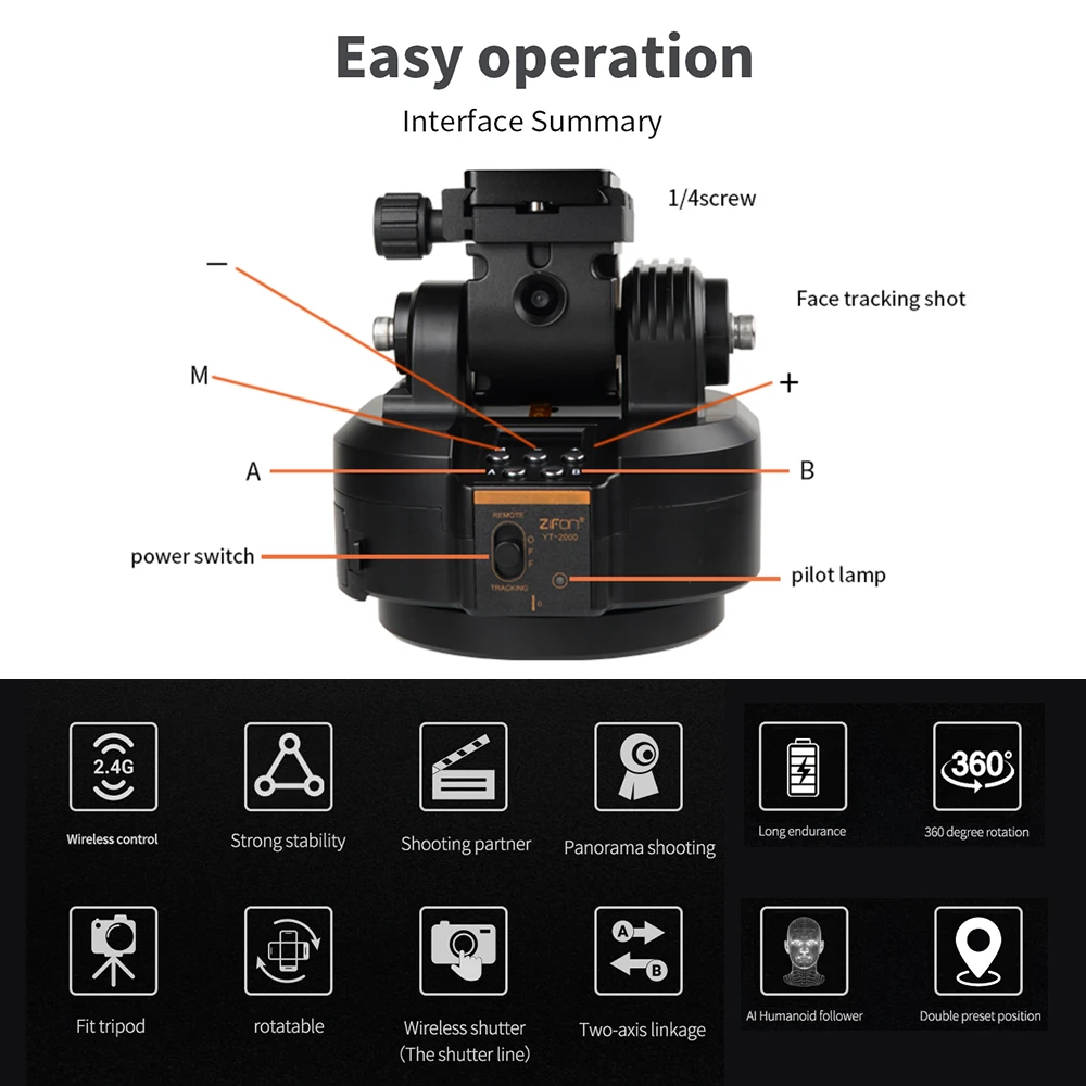 YT2000 Motorized Pan Tilt Head Electric Ball Head Object Tracking Tripod Payload 4.4ibs Remote Control Clip 1/4in for Video