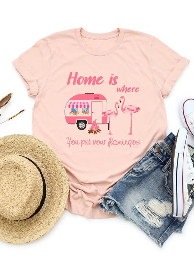 

Flamingo Beach Trend Graphic T-shirt Tee Top Fashion Women Casual Short Sleeve Clothing Lady Clothes Basic Print T Shirt
