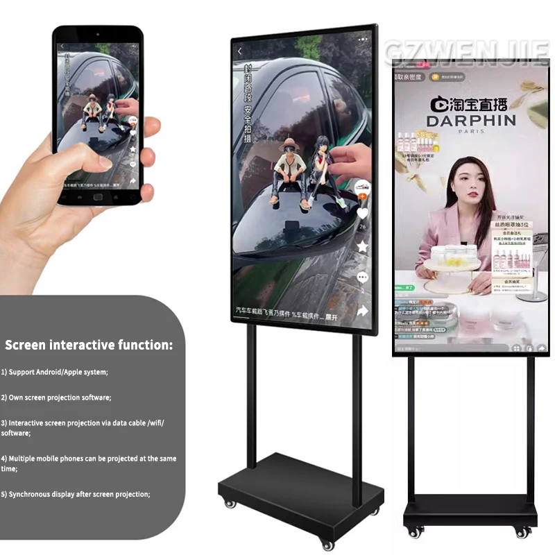 43 inch Smart Interact Screen Portable TV on Wheels Smart Wireless Portable Monitor With Moveable Stand HD Touch LCD TV