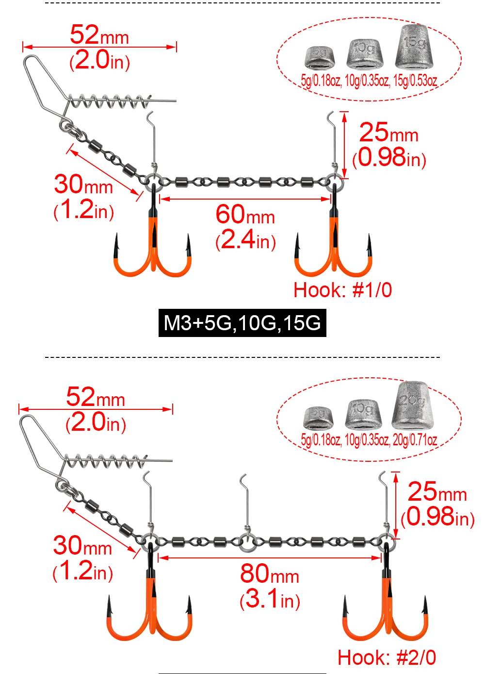 Spinpoler Rolling Wirbel Spiral Stinger Rig Fishing Kit 2X UV Drillinge mit Sinker Gewicht für Soft Lure Swimbait Pike Bass – Detail 3