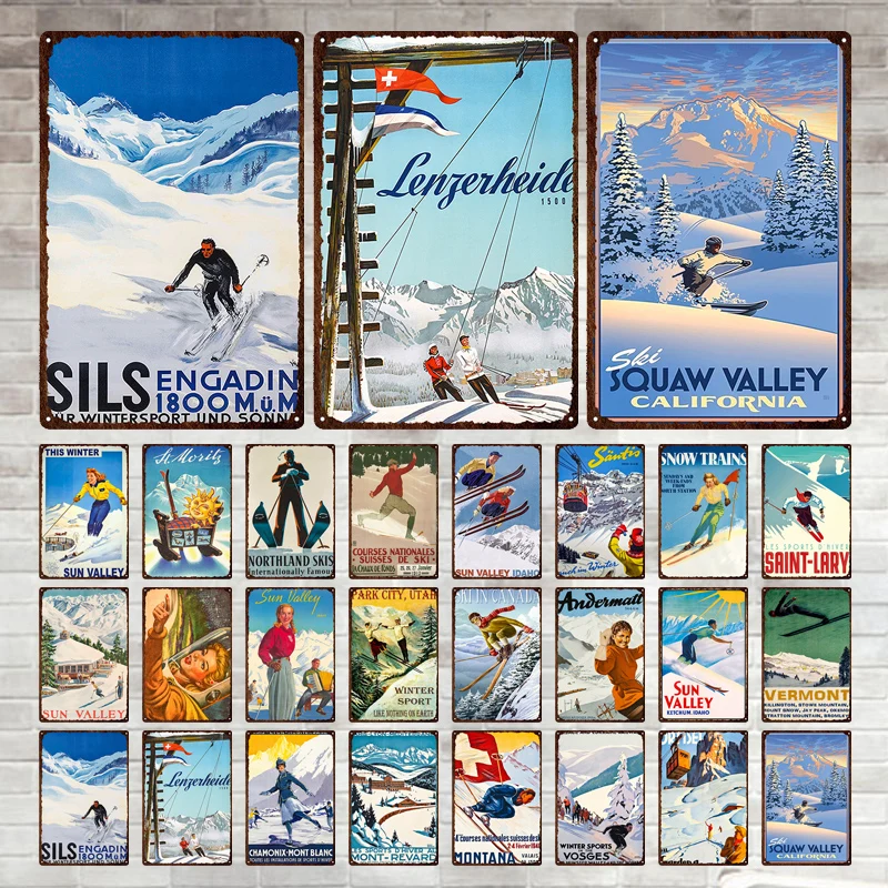 

Retro Skiing Metal Sign Winter Snow Scenery Art Poster Vintage Tin Plaque Decorative Plate for Man Cave Bedroom Interior Decor