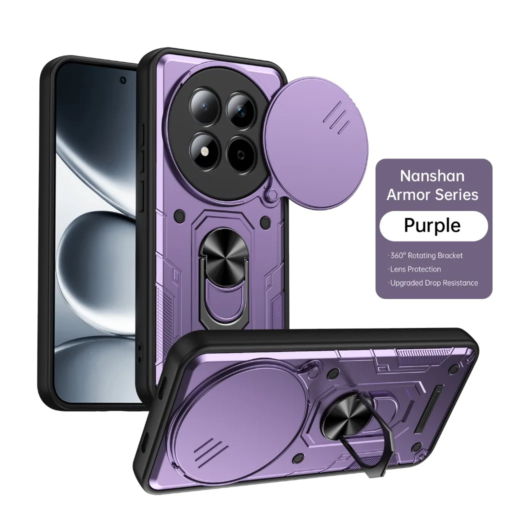 Rugged Shockproof Phone Case with Slide Camera Protection and 360° Rotating Ring Holder Kickstand