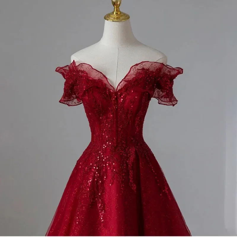 2026 New French Bridal Toast Dress Women's Slim Fit Off-Shoulder Evening Engagement Dress for Female Party Banquet Host 3