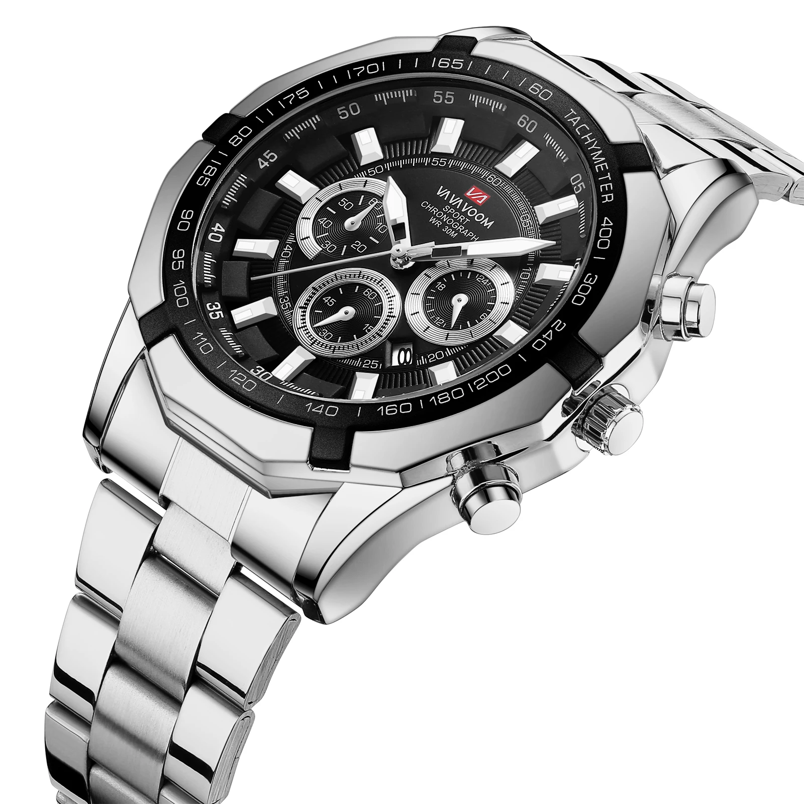 

VA VA VOOM Stainless Steel Sports Men's Watch Quartz Black Timing Clock 3Bar Waterproof Original Luminous Business Male Watches