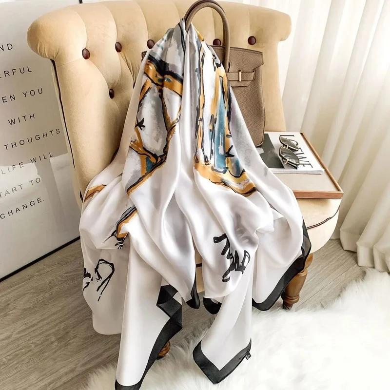 

Silk Scarves 2024 Women Luxury Brand Hijab Scarf Floral Foulard Femme Shawls Wraps Silk Bandana Head Scarf Hijab Beach Poncho