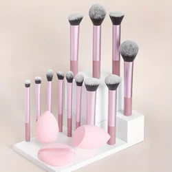 12-Piece Professional Makeup Brush Set with Angled & Teardrop Blenders and Powder Puff (Pink)
