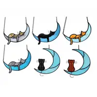 Stained Glass Cat On The Moon Window Hanging Ornament 2D Colorful Cat Loss Handicraft Glass For Cat Lovers Cat Decorations 1