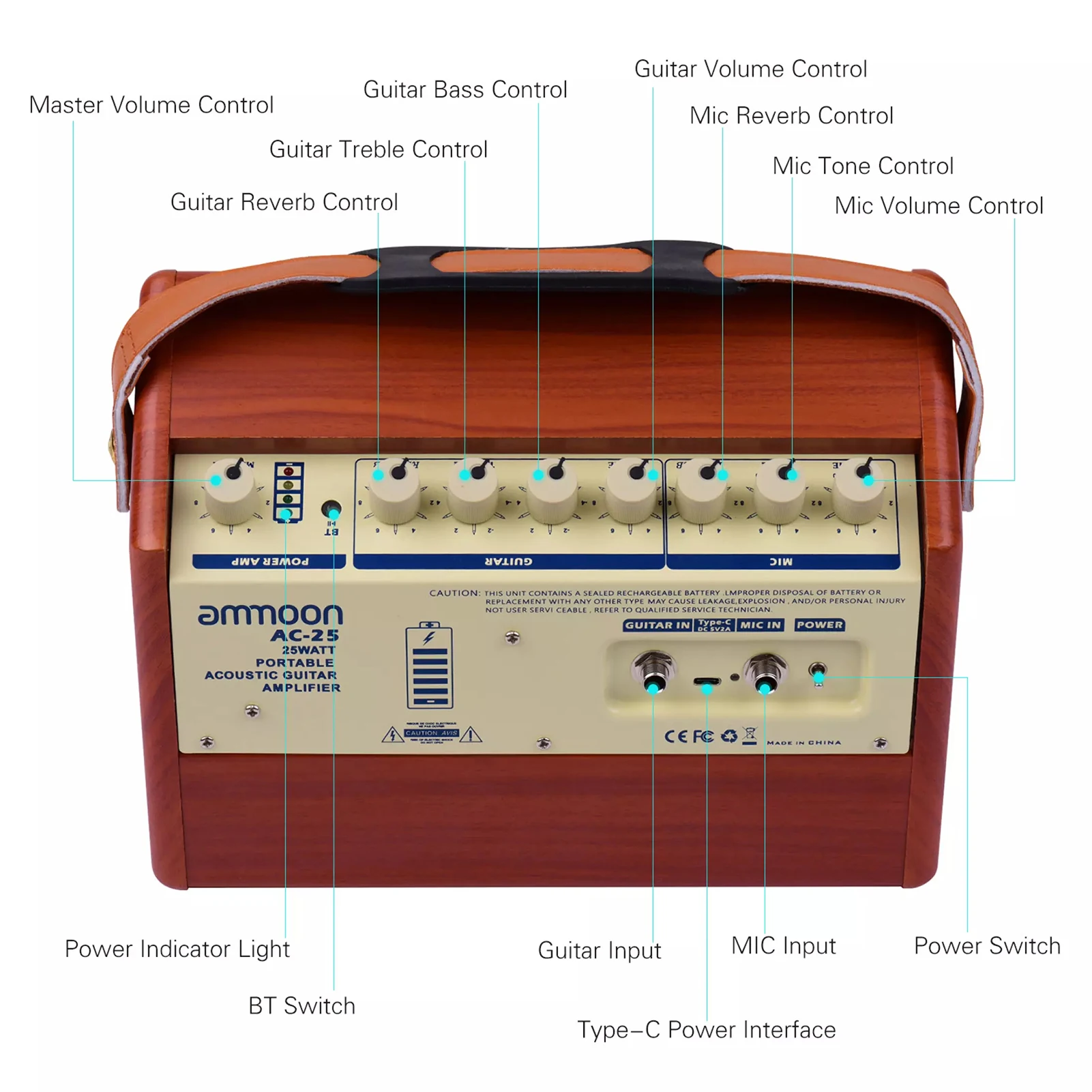 ammoon AC-25 25W Portable Acoustic Guitar Amplifier Rechargeable Wireless BT Speaker Indepedent Reverb Microphone Available
