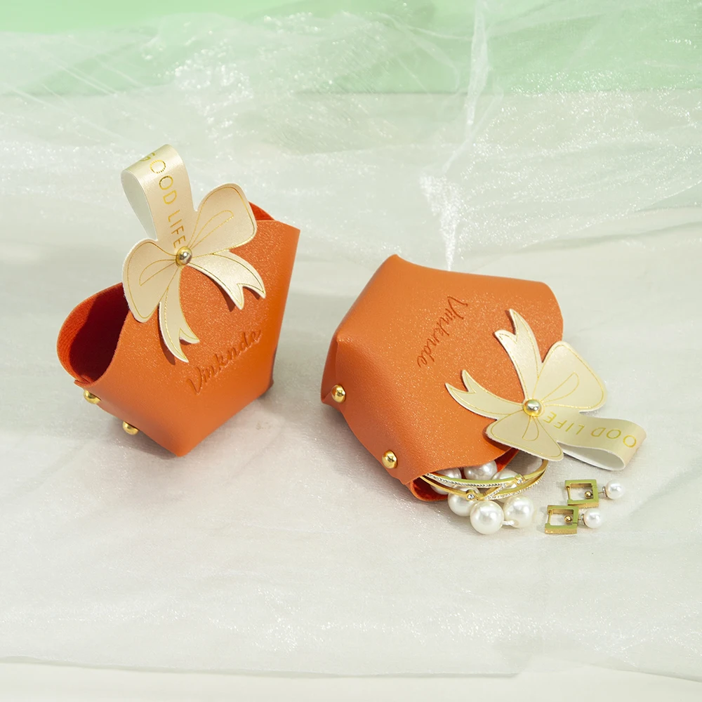 Orange PU Leather Candy Bag Jewelry Handbag With Gold Bowknot Halloween Chocolate Packaging Basket Portable Travel Storage Pouch