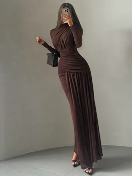 Sisterlinda Folds Maxi Dress Women o-Neck Full Sleeve Solid Banquet Elegant Vacation Fashion Autumn Skinny Casual Simple Vestido 1