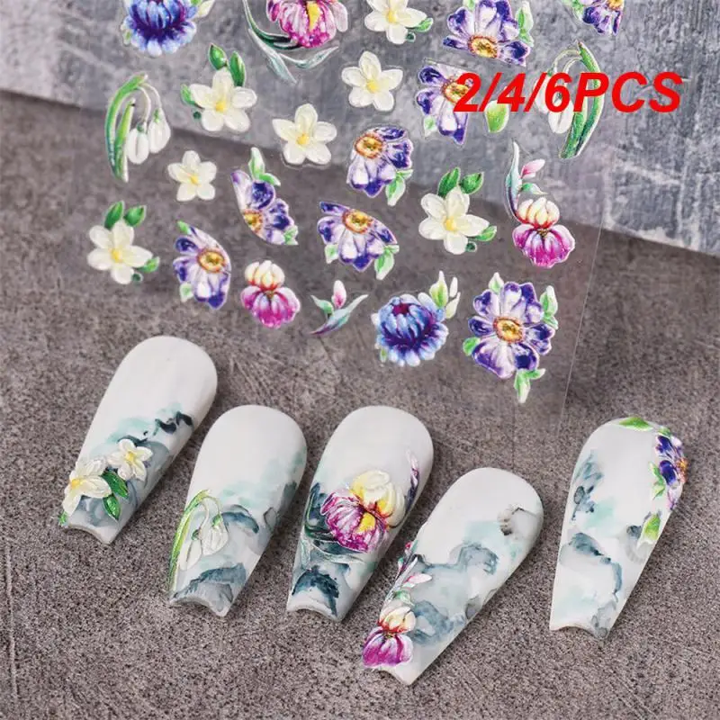 양각 바이올렛 아이리스 꽃 네일 스티커, 보라색 꽃 슬라이더, 해바라기 데이지 디자인, 네일 아트 매니큐어 장식, 2 개, 4 개, 6 개