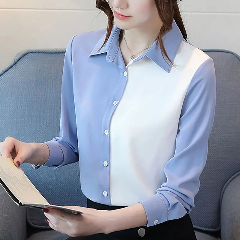 Women Fashion Contrast Color Turn Down Collar Button Shirt Spring Autumn Office Lady Casual Blouse Long Sleeve Loose Tops Blusas