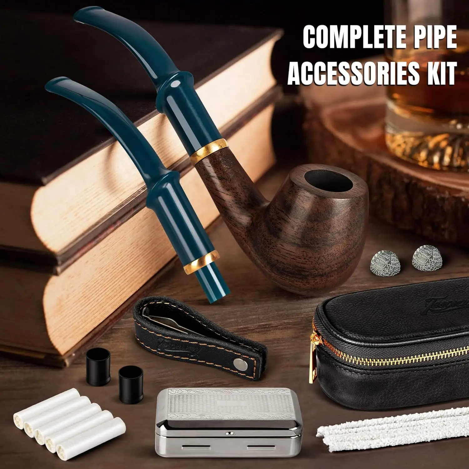 Smoking Accessories Tobacco Pipe Tobacco Smoking Accessories Smoking Pipe Filters Herb Smoking Pipe Smoking Pipe Ebony Wood Pipe Set with PU Leather Travel Pipe Pouch Replaceable Stem Pipe Filters and Smoking Accessories