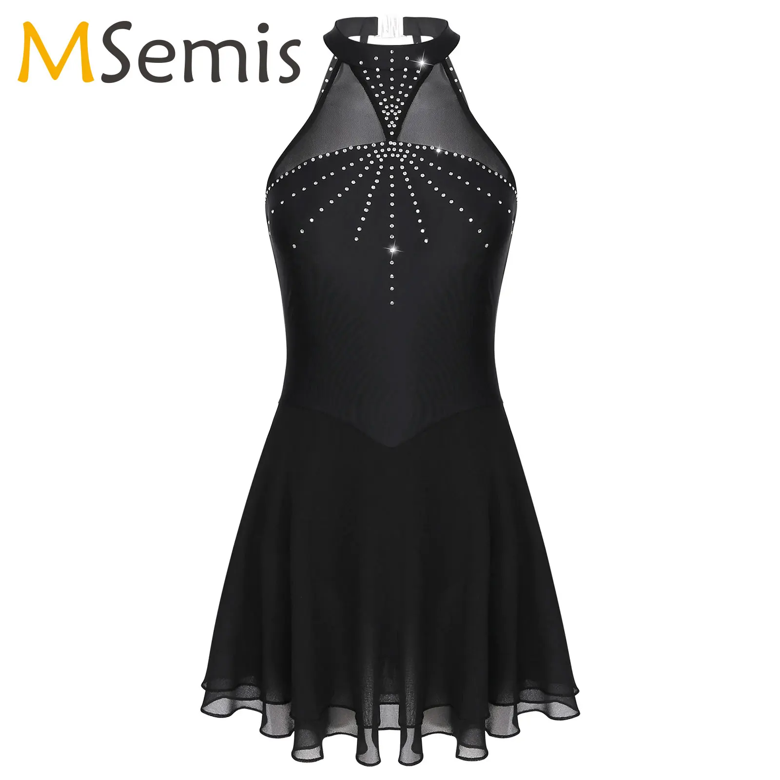 

Women's Sleeveless Lyrical Ballet Dance Dress Illusion Mesh Rhinestone Leotard Dresses Latin Jazz Dancewear Gymnastics Leotard
