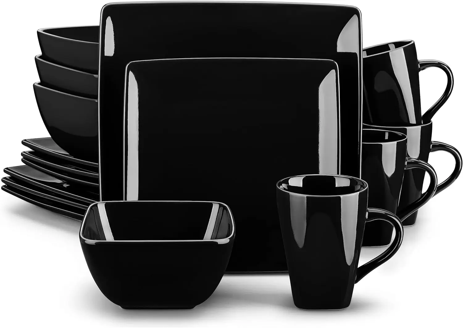 vancasso Soho Dinnerware Set, 16 Pieces, Black Stoneware Square Place Setting, Dinner Plate, Dessert Plate, Bowls, Mugs, Service