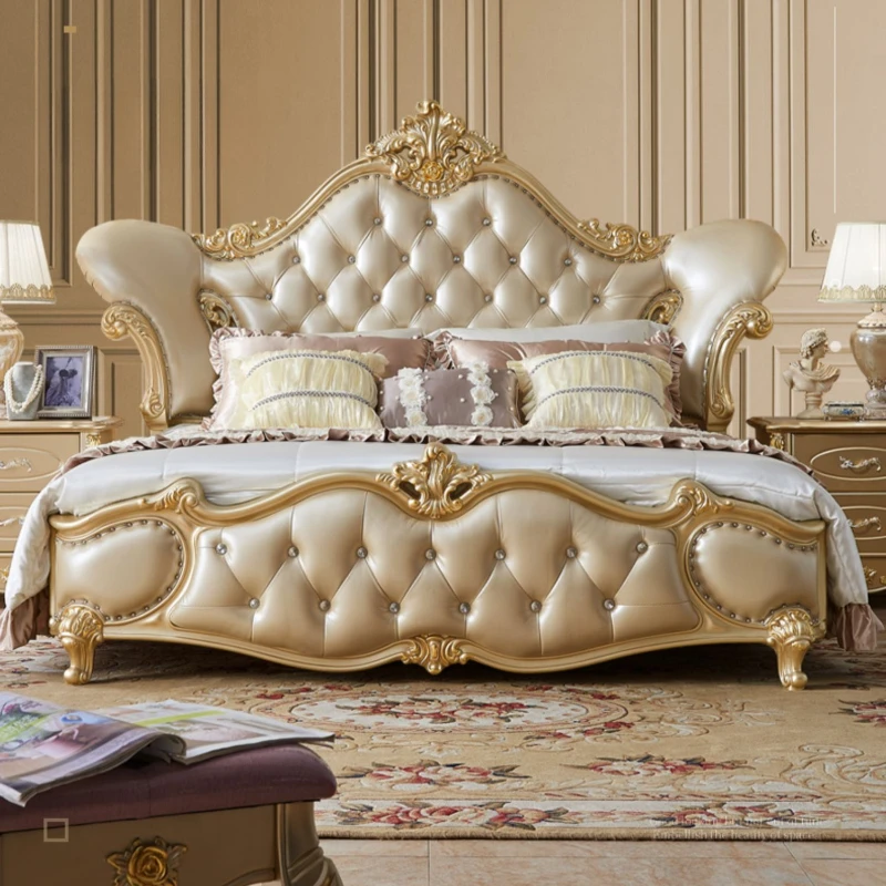 

Princess Pretty Double Bed Luxury Gold King Size Loft Bed Comferter Villa Superking Letto Matrimoniale Bedroom Set Furniture