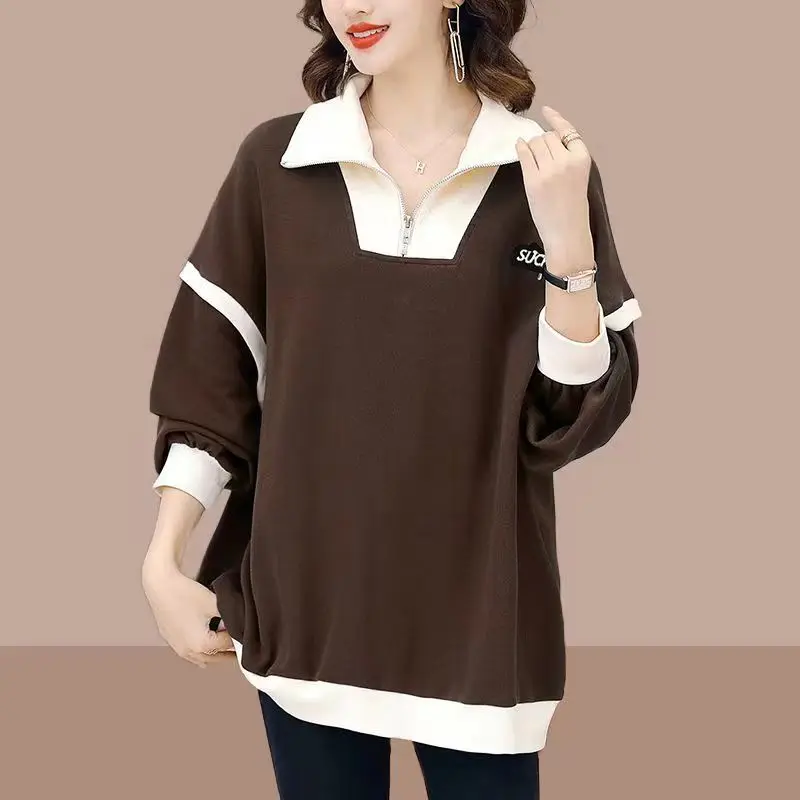 Spring Autumn Women's Polo Collar Patchwork Pullover Long Sleeve Solid Fashion Lady Sweatshirts Casual Versatile Elegant Tops