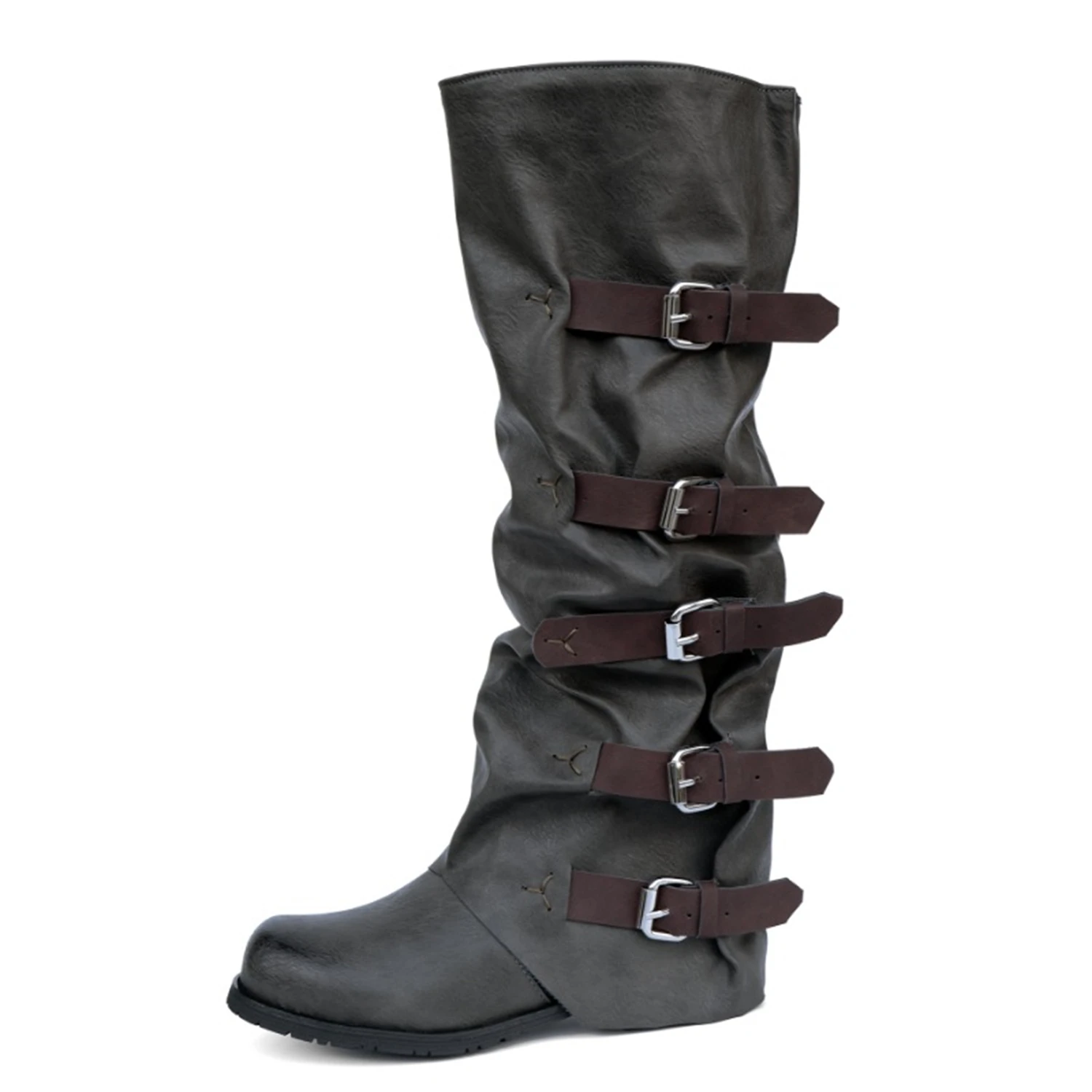 

Cowboy Boots Slouchy Women's High Boots Block Heels Buckle Grey Round Toe Platform Shark Fold Boots Y2k Goth Punk Free Shipping