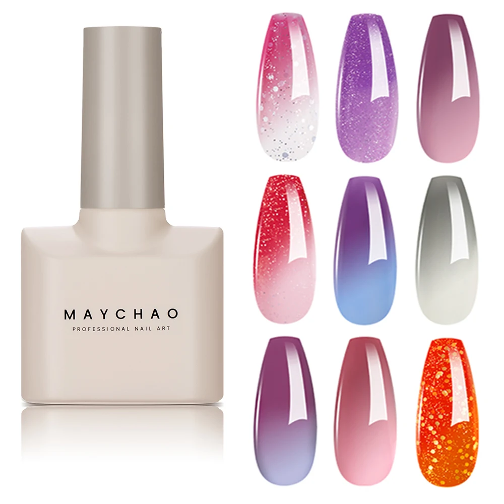 MAYCHAO 12ML Color Changing Thermal Gel Nail Polish 1Pc Cherry Pink-Rosette Glitter Change Soak Off Nail Polish Nail Art Varnish