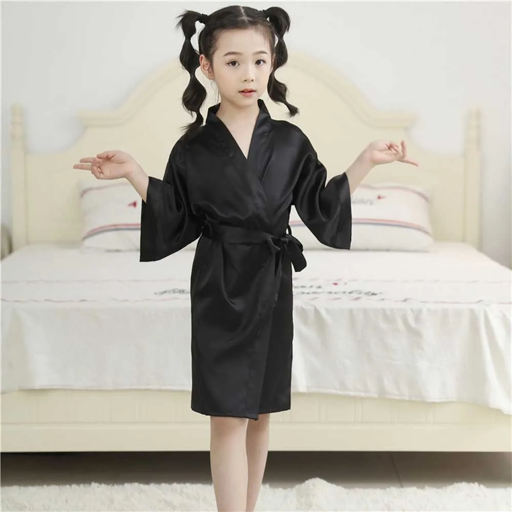 Kids Satin Black Kimono Robe Solid Girl Peacock Bath Robes for Wedding Spa Party Gifts Bridal Lingerie Sleepwear Bathrobe child bathrobe kids robe