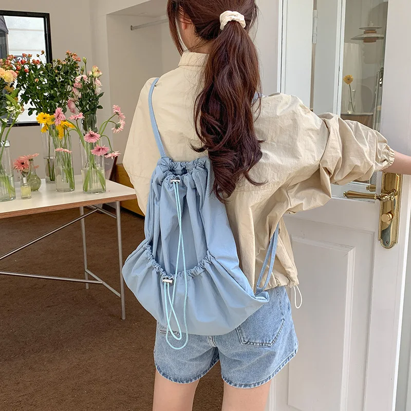 

Korean Fashion Solid Simple Backpacks for Women Outdoor Portability Nylon School Bag Folds Design Drawstring Rucksack Bolsas